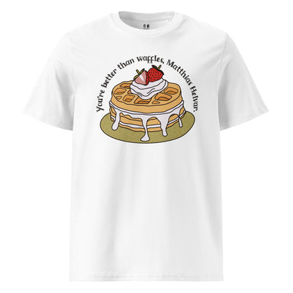 Better Than Waffles T-Shirt - The Bean Workshop - Better than Waffles shirt, Book Lover Gift, Bookish T-shirt, Cozy Aesthetic, Cute Graphic Tee, Grishaverse gift, Helnik, Leigh Bardugo fan apparel, Literary Quote, Matthias Helvar merch for readers, Nina Zenik waffle quote shirt, Six of Crows t-shirt, Waffle Illustration
