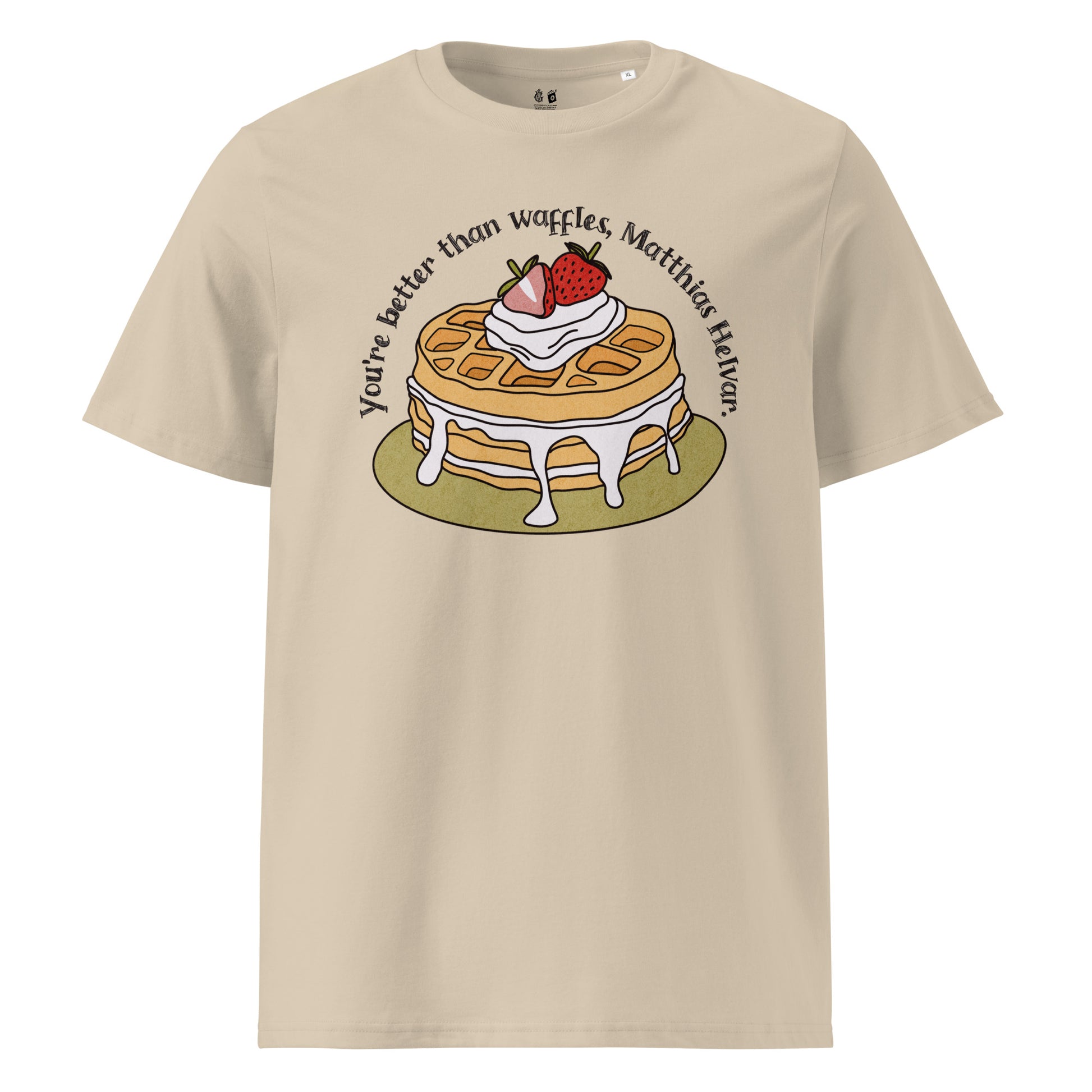 Better Than Waffles T-Shirt - The Bean Workshop - Better than Waffles shirt, Book Lover Gift, Bookish T-shirt, Cozy Aesthetic, Cute Graphic Tee, Grishaverse gift, Helnik, Leigh Bardugo fan apparel, Literary Quote, Matthias Helvar merch for readers, Nina Zenik waffle quote shirt, Six of Crows t-shirt, Waffle Illustration