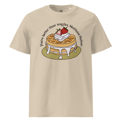 Better Than Waffles T-Shirt - The Bean Workshop - Better than Waffles shirt, Book Lover Gift, Bookish T-shirt, Cozy Aesthetic, Cute Graphic Tee, Grishaverse gift, Helnik, Leigh Bardugo fan apparel, Literary Quote, Matthias Helvar merch for readers, Nina Zenik waffle quote shirt, Six of Crows t-shirt, Waffle Illustration