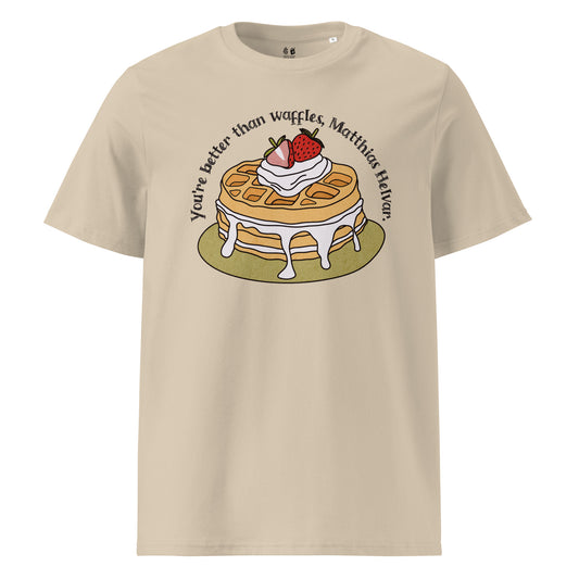 Better Than Waffles T-Shirt - The Bean Workshop - Better than Waffles shirt, Book Lover Gift, Bookish T-shirt, Cozy Aesthetic, Cute Graphic Tee, Grishaverse gift, Helnik, Leigh Bardugo fan apparel, Literary Quote, Matthias Helvar merch for readers, Nina Zenik waffle quote shirt, Six of Crows t-shirt, Waffle Illustration