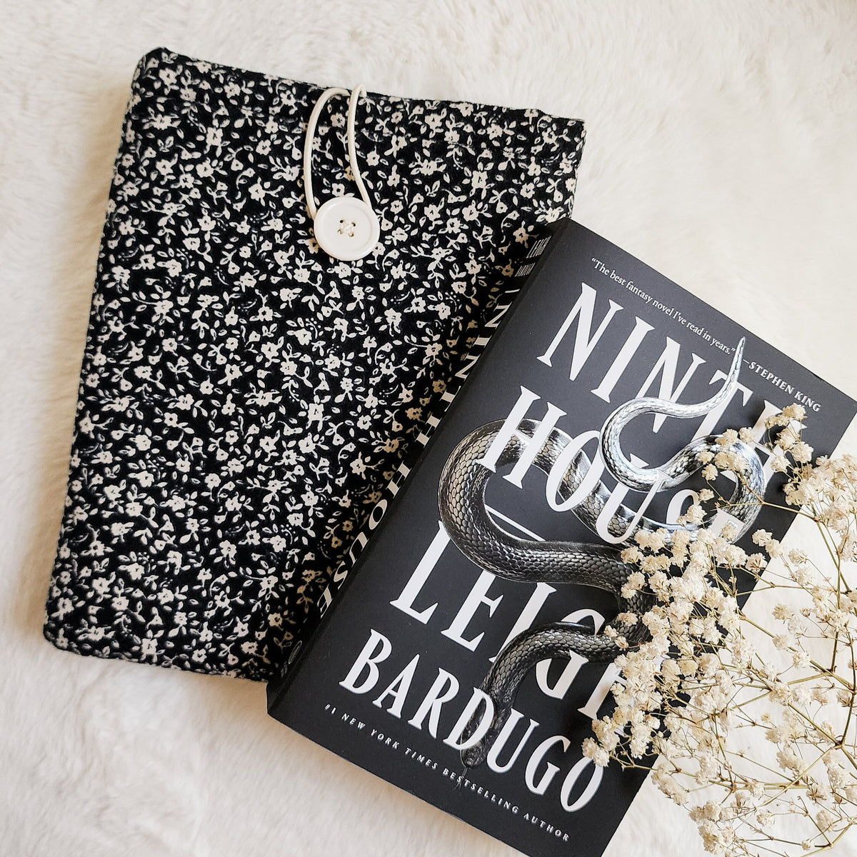 Black Ditsy Floral Book Sleeve & Kindle Sleeve with Button Closure - The Bean Workshop - book accessories, book sleeve, bookish gift, cotton book sleeve, ditsy floral, ereader sleeve, floral book sleeve, kindle paperwhite case, kindle sleeve, reader gift