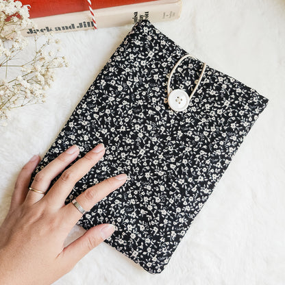 Black Ditsy Floral Book Sleeve & Kindle Sleeve with Button Closure - The Bean Workshop - book accessories, book sleeve, bookish gift, cotton book sleeve, ditsy floral, ereader sleeve, floral book sleeve, kindle paperwhite case, kindle sleeve, reader gift