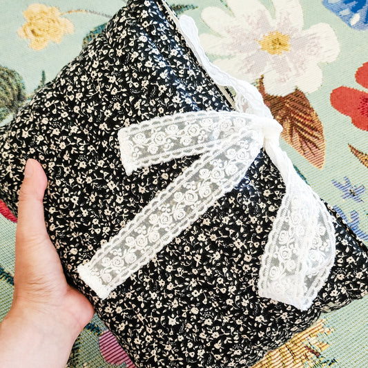 Black Floral Book Sleeve with Lace Ribbon | Bible, Hardcover & Laptop Sleeve - The Bean Workshop - Bible sleeve, black book sleeve, book sleeve, bookish, dark academia, floral book sleeve, gift for book lovers, hardcover sleeve, Kindle sleeve, reading accessories