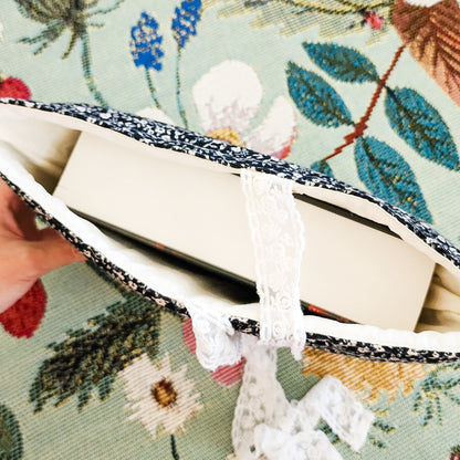 Black Flower Large Padded Book Sleeve with Lace Ribbon - The Bean Workshop - book sleeve, reading accessories