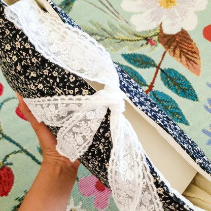 Black Flower Large Padded Book Sleeve with Lace Ribbon - The Bean Workshop - book sleeve, reading accessories