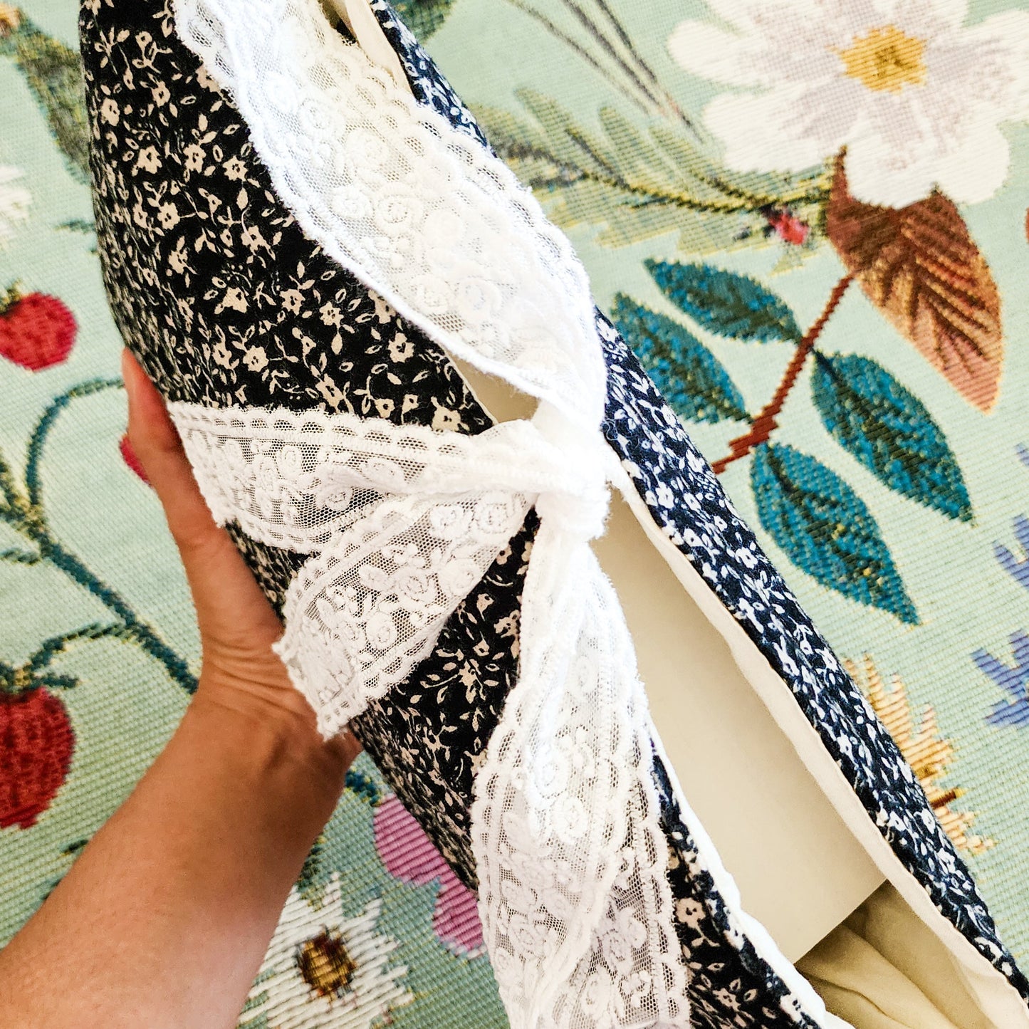 Black Flower Large Padded Book Sleeve with Lace Ribbon - The Bean Workshop - book sleeve, reading accessories