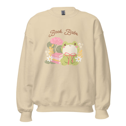 Book Babe Sweatshirt - The Bean Workshop - Autumn Fashion, Book Babe Sweatshirt, Bookish Merch, Bookstagram, Cozy Lifestyle, Frog and Books, Kawaii Aesthetic, Minimalist Design, Pastel Literary Loungewear, Reader Gift, Soft Girl Frog Reading Crewneck, Sweatshirt, The Bean Workshop