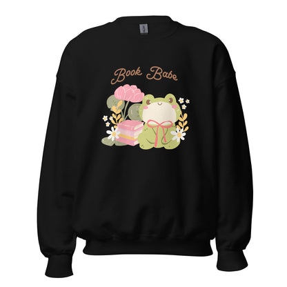 Book Babe Sweatshirt - The Bean Workshop - Autumn Fashion, Book Babe Sweatshirt, Bookish Merch, Bookstagram, Cozy Lifestyle, Frog and Books, Kawaii Aesthetic, Minimalist Design, Pastel Literary Loungewear, Reader Gift, Soft Girl Frog Reading Crewneck, Sweatshirt, The Bean Workshop