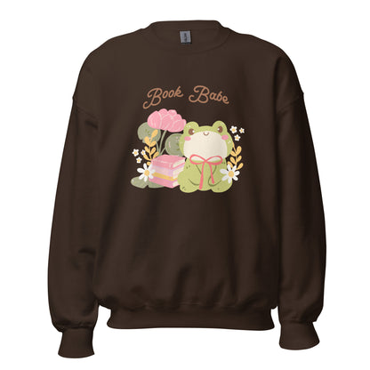 Book Babe Sweatshirt - The Bean Workshop - Autumn Fashion, Book Babe Sweatshirt, Bookish Merch, Bookstagram, Cozy Lifestyle, Frog and Books, Kawaii Aesthetic, Minimalist Design, Pastel Literary Loungewear, Reader Gift, Soft Girl Frog Reading Crewneck, Sweatshirt, The Bean Workshop
