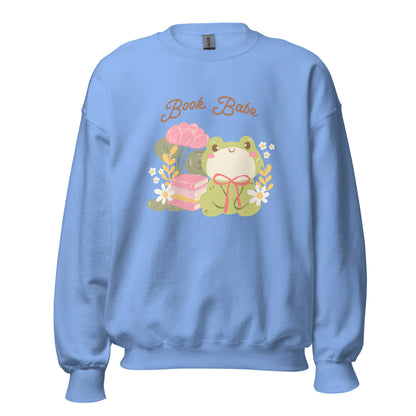 Book Babe Sweatshirt - The Bean Workshop - Autumn Fashion, Book Babe Sweatshirt, Bookish Merch, Bookstagram, Cozy Lifestyle, Frog and Books, Kawaii Aesthetic, Minimalist Design, Pastel Literary Loungewear, Reader Gift, Soft Girl Frog Reading Crewneck, Sweatshirt, The Bean Workshop
