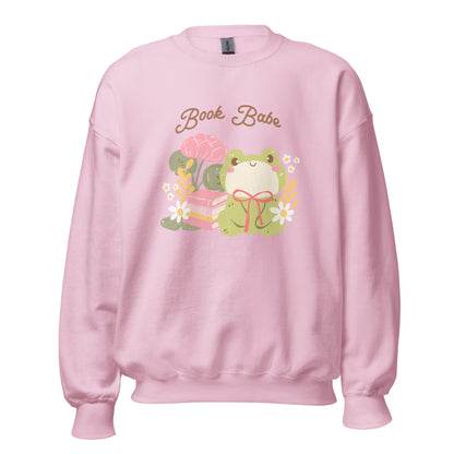 Book Babe Sweatshirt - The Bean Workshop - Autumn Fashion, Book Babe Sweatshirt, Bookish Merch, Bookstagram, Cozy Lifestyle, Frog and Books, Kawaii Aesthetic, Minimalist Design, Pastel Literary Loungewear, Reader Gift, Soft Girl Frog Reading Crewneck, Sweatshirt, The Bean Workshop