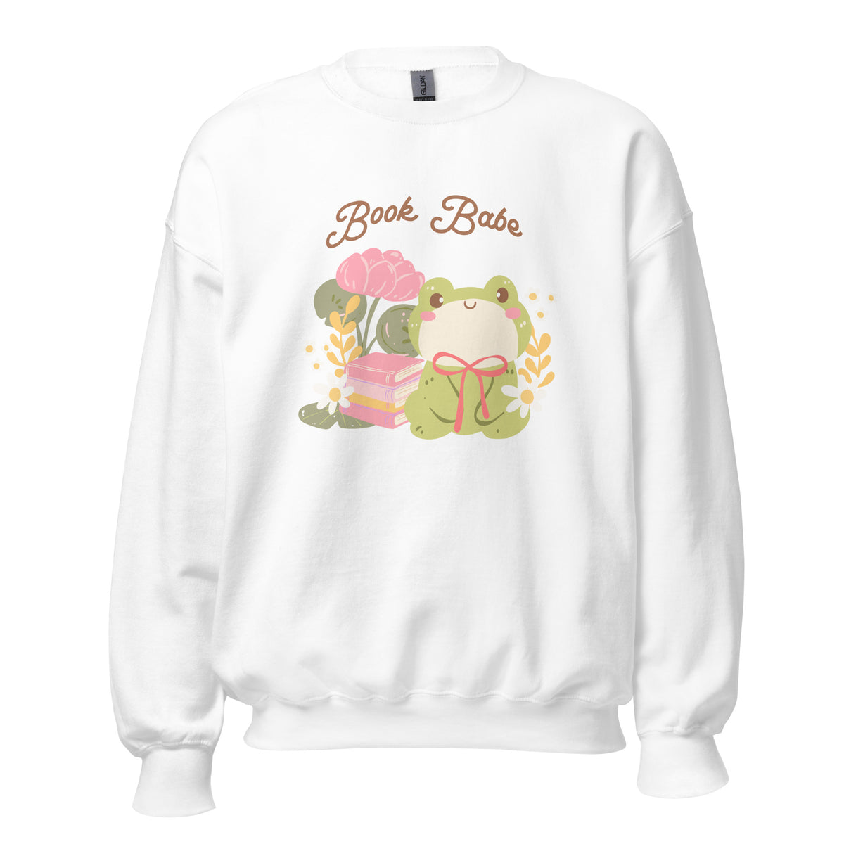 Book Babe Sweatshirt - The Bean Workshop - Autumn Fashion, Book Babe Sweatshirt, Bookish Merch, Bookstagram, Cozy Lifestyle, Frog and Books, Kawaii Aesthetic, Minimalist Design, Pastel Literary Loungewear, Reader Gift, Soft Girl Frog Reading Crewneck, Sweatshirt, The Bean Workshop
