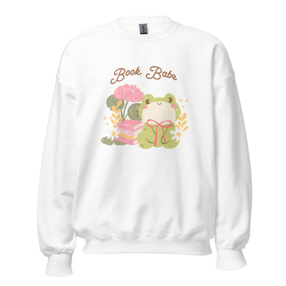 Book Babe Sweatshirt - The Bean Workshop - Autumn Fashion, Book Babe Sweatshirt, Bookish Merch, Bookstagram, Cozy Lifestyle, Frog and Books, Kawaii Aesthetic, Minimalist Design, Pastel Literary Loungewear, Reader Gift, Soft Girl Frog Reading Crewneck, Sweatshirt, The Bean Workshop