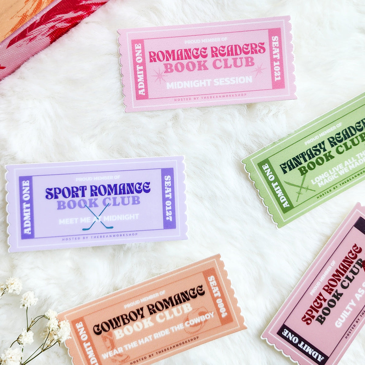 Book Genre Tickets Bundle of 5 Stickers - The Bean Workshop - book club gift, book genre sticker, book lover gift, Bookish Accessories, Bookish Gift, bookish sticker, die cut sticker, kindle sticker, reading sticker, romance reader, sticker, sticker bundle