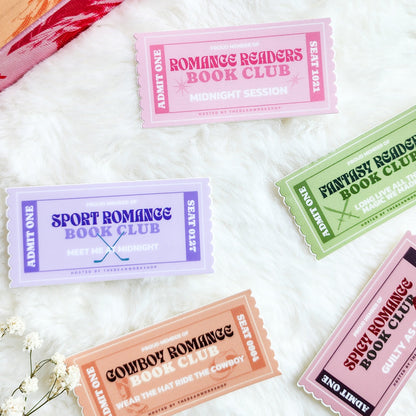 Book Genre Tickets Bundle of 5 Stickers - The Bean Workshop - book club gift, book genre sticker, book lover gift, Bookish Accessories, Bookish Gift, bookish sticker, die cut sticker, kindle sticker, reading sticker, romance reader, sticker, sticker bundle