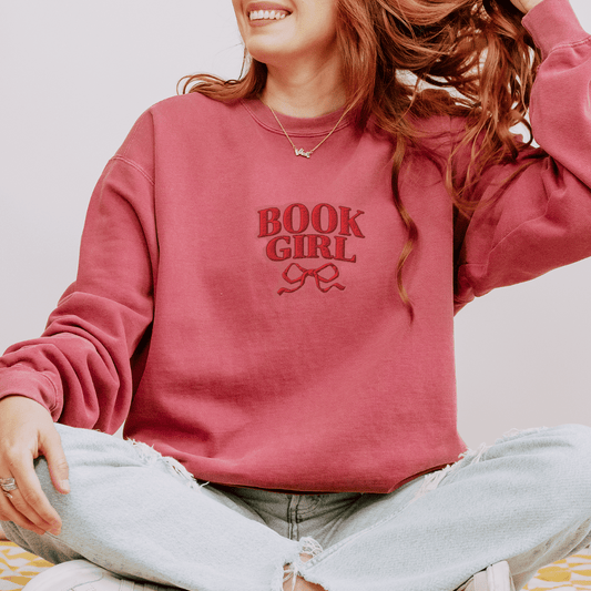 Book Girl Embroidered Heavyweight Sweatshirt - The Bean Workshop - Book Girl Sweatshirt, Book Lover Pullover, Bookish Summer Collection, Chic Bibliophile Loungewear, Cozy Reading Sweater, Red Bow Reader Sweatshirt, sweater, sweatshirt, Women's Literary Sweatshirt.