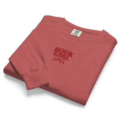 Book Girl Embroidered Heavyweight Sweatshirt - The Bean Workshop - Book Girl Sweatshirt, Book Lover Pullover, Bookish Summer Collection, Chic Bibliophile Loungewear, Cozy Reading Sweater, Red Bow Reader Sweatshirt, sweater, sweatshirt, Women's Literary Sweatshirt.