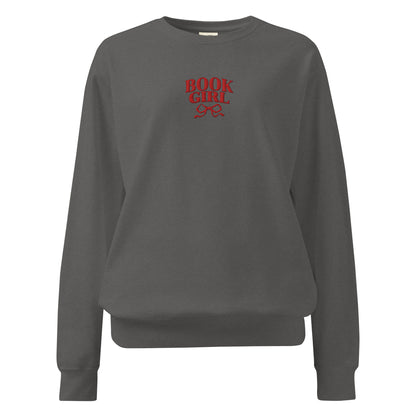 Book Girl Embroidered Heavyweight Sweatshirt - The Bean Workshop - Book Girl Sweatshirt, Book Lover Pullover, Bookish Summer Collection, Chic Bibliophile Loungewear, Cozy Reading Sweater, Red Bow Reader Sweatshirt, sweater, sweatshirt, Women's Literary Sweatshirt.