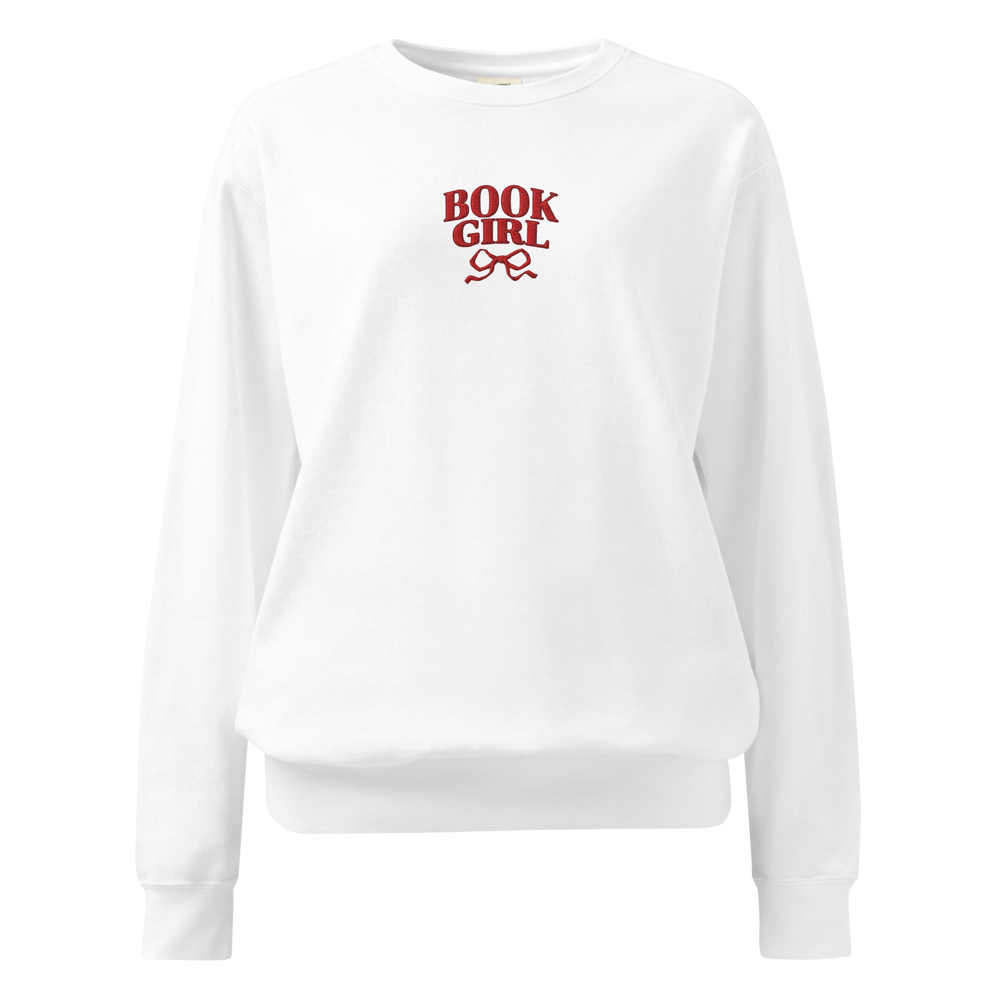 Book Girl Embroidered Heavyweight Sweatshirt - The Bean Workshop - Book Girl Sweatshirt, Book Lover Pullover, Bookish Summer Collection, Chic Bibliophile Loungewear, Cozy Reading Sweater, Red Bow Reader Sweatshirt, sweater, sweatshirt, Women's Literary Sweatshirt.