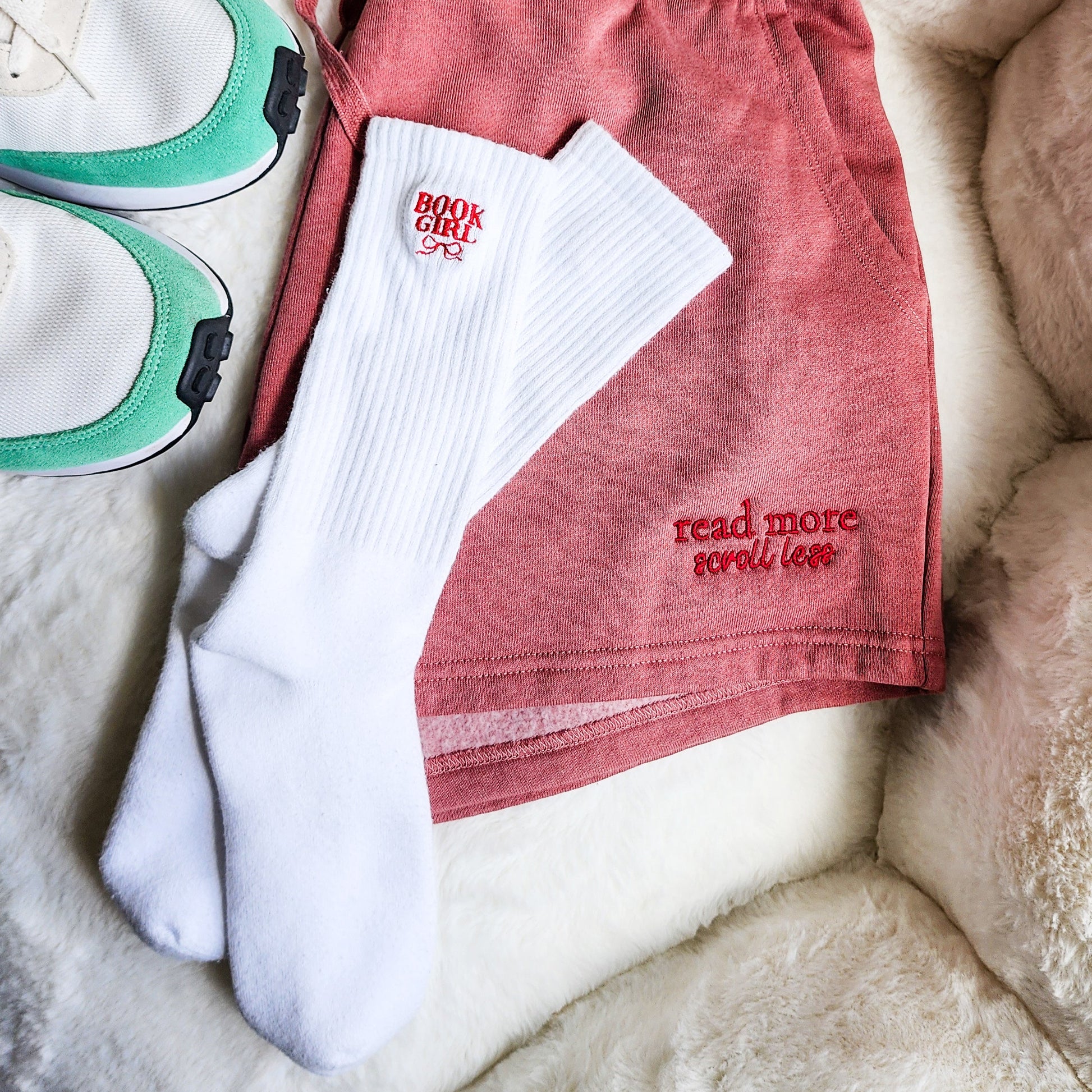Book Girl Embroidered Socks - The Bean Workshop - Bookish Summer Collection, Cozy Bookworm Socks, Literary Novelty Socks, ook Girl Socks, Reader Socks, Red Bow Book Lover Gift, Women's Reading Socks
