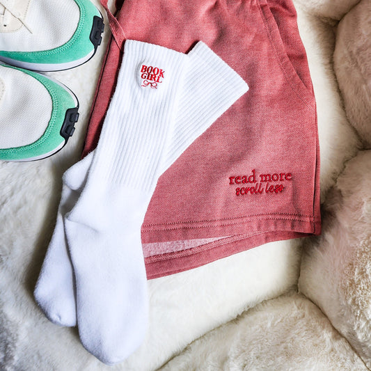 Book Girl Embroidered Socks - The Bean Workshop - Bookish Summer Collection, Cozy Bookworm Socks, Literary Novelty Socks, ook Girl Socks, Reader Socks, Red Bow Book Lover Gift, Women's Reading Socks