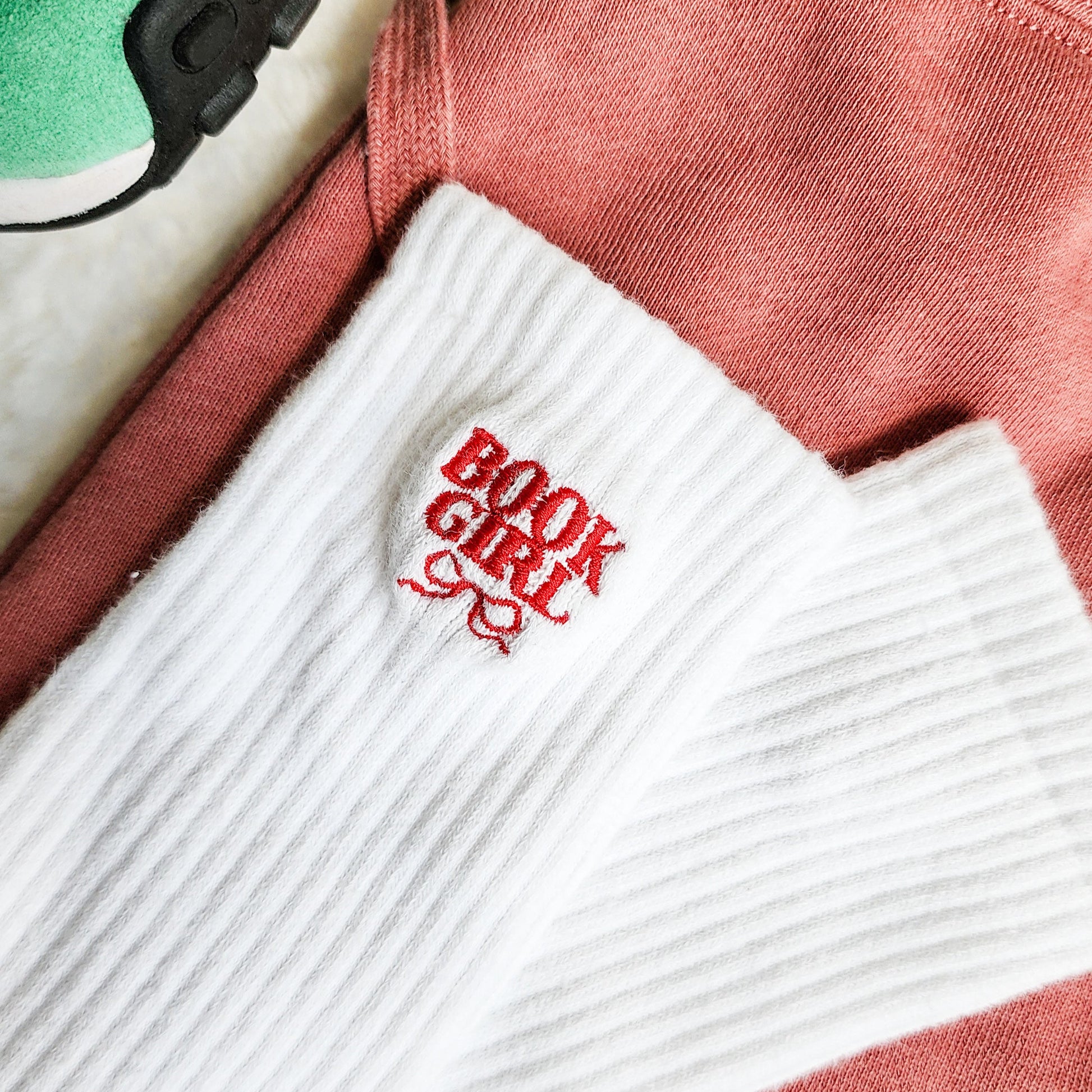 Book Girl Embroidered Socks - The Bean Workshop - Bookish Summer Collection, Cozy Bookworm Socks, Literary Novelty Socks, ook Girl Socks, Reader Socks, Red Bow Book Lover Gift, Women's Reading Socks