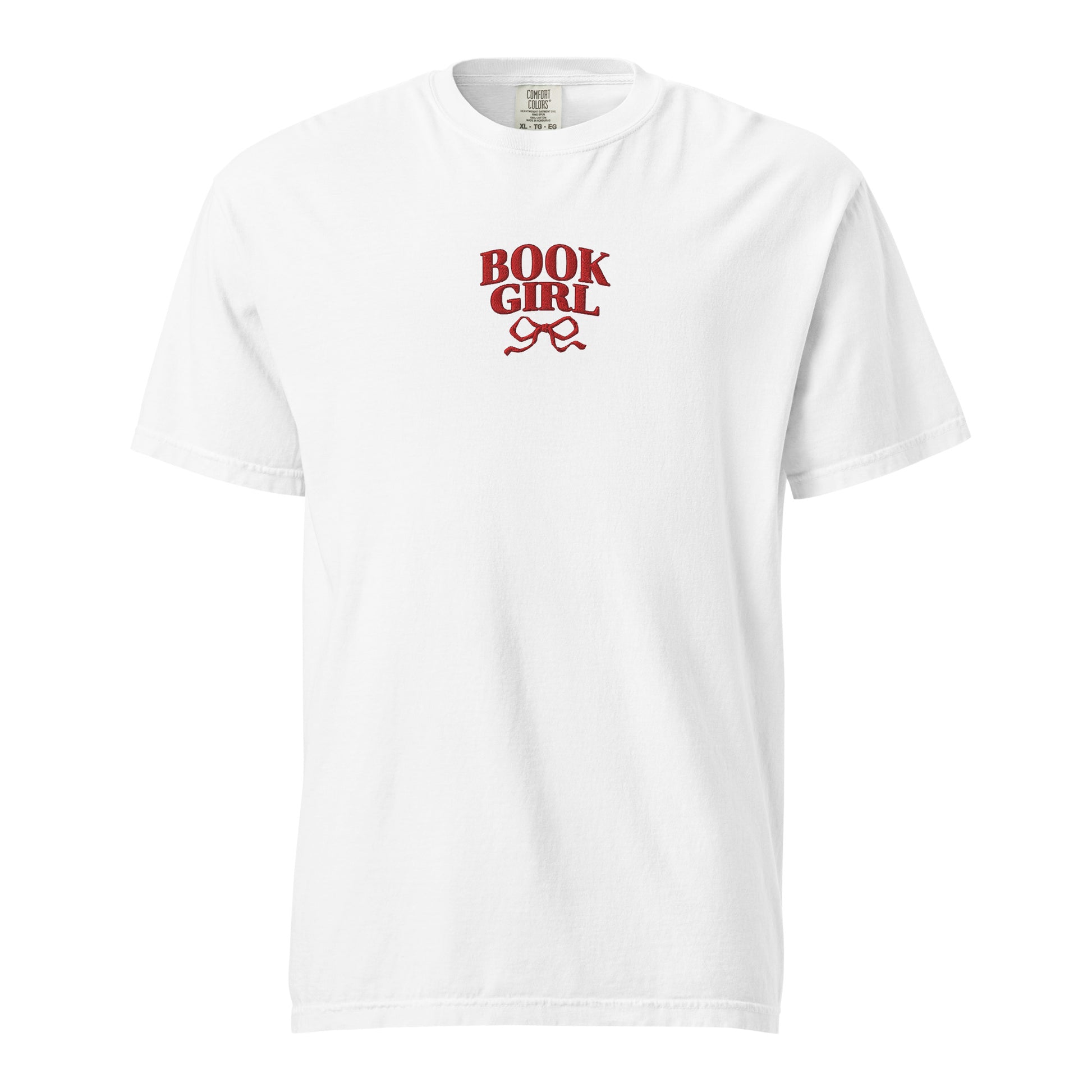 Book Girl Embroidered T-shirt - The Bean Workshop - Book Girl T-shirt, Book Lover Tee, Bookish Summer Collection, Chic Bibliophile Top, Reader Shirt, Red Bow Literary Shirt, t-shirt, tee, Women's Book Tee.
