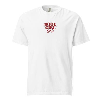 Book Girl Embroidered T-shirt - The Bean Workshop - Book Girl T-shirt, Book Lover Tee, Bookish Summer Collection, Chic Bibliophile Top, Reader Shirt, Red Bow Literary Shirt, t-shirt, tee, Women's Book Tee.