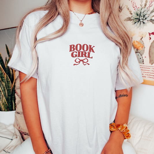 Book Girl Embroidered T-shirt - The Bean Workshop - Book Girl T-shirt, Book Lover Tee, Bookish Summer Collection, Chic Bibliophile Top, Reader Shirt, Red Bow Literary Shirt, t-shirt, tee, Women's Book Tee.