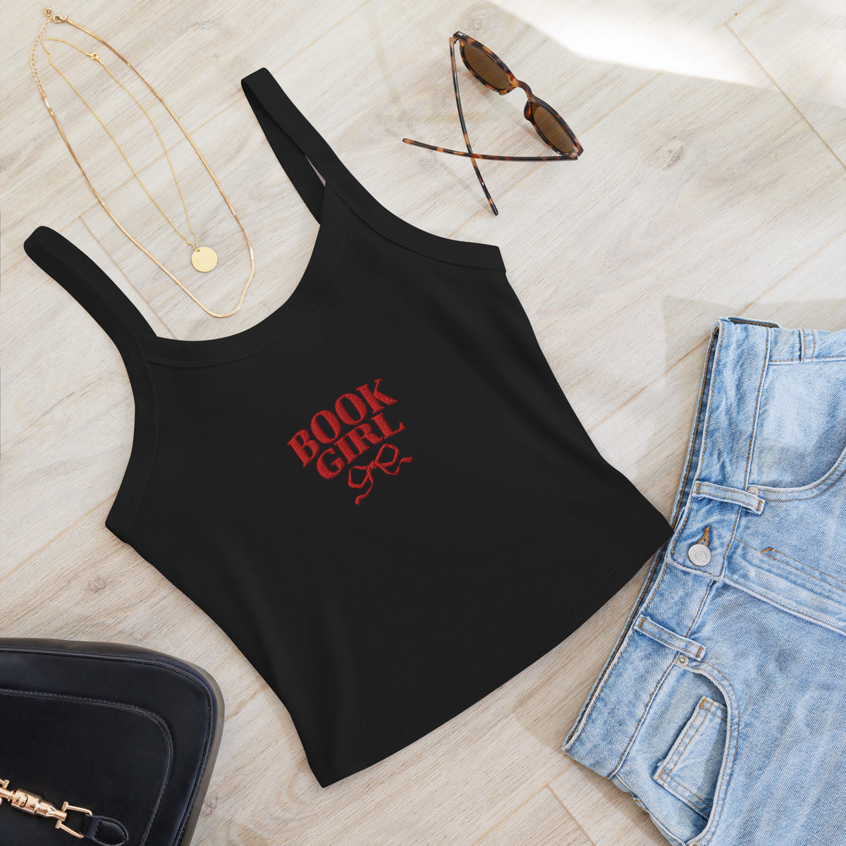 Book Girl Embroidered Tank Top - The Bean Workshop - Book Girl Tank Top, Book Lover Sleeveless Shirt, Bookish Summer Collection, Chic Bibliophile Tank, Reader Summer Top, Red Bow Literary Apparel, Women's Bookish Tank