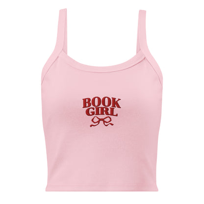 Book Girl Embroidered Tank Top - The Bean Workshop - Book Girl Tank Top, Book Lover Sleeveless Shirt, Bookish Summer Collection, Chic Bibliophile Tank, Reader Summer Top, Red Bow Literary Apparel, Women's Bookish Tank