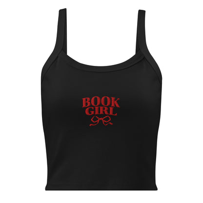 Book Girl Embroidered Tank Top - The Bean Workshop - Book Girl Tank Top, Book Lover Sleeveless Shirt, Bookish Summer Collection, Chic Bibliophile Tank, Reader Summer Top, Red Bow Literary Apparel, Women's Bookish Tank