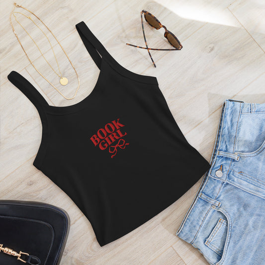 Book Girl Embroidered Tank Top - The Bean Workshop - Book Girl Tank Top, Book Lover Sleeveless Shirt, Bookish Summer Collection, Chic Bibliophile Tank, Reader Summer Top, Red Bow Literary Apparel, Women's Bookish Tank
