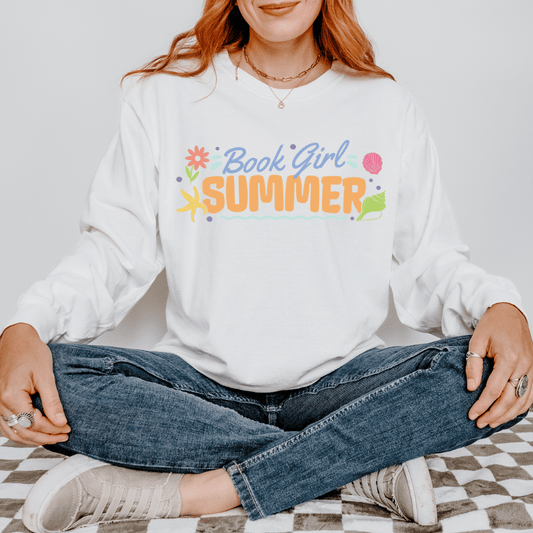 Book Girl Summer Heavyweight Long-sleeve Shirt - The Bean Workshop - Beach Read Top, Bibliophile Pullover, Book Girl Summer Tee, Book Lover Loungewear, Bookish Summer Collection, Bookworm Apparel, Cozy Reading Sweater, Long-sleeve tee, Summer Night Reading., t-shirt, tee