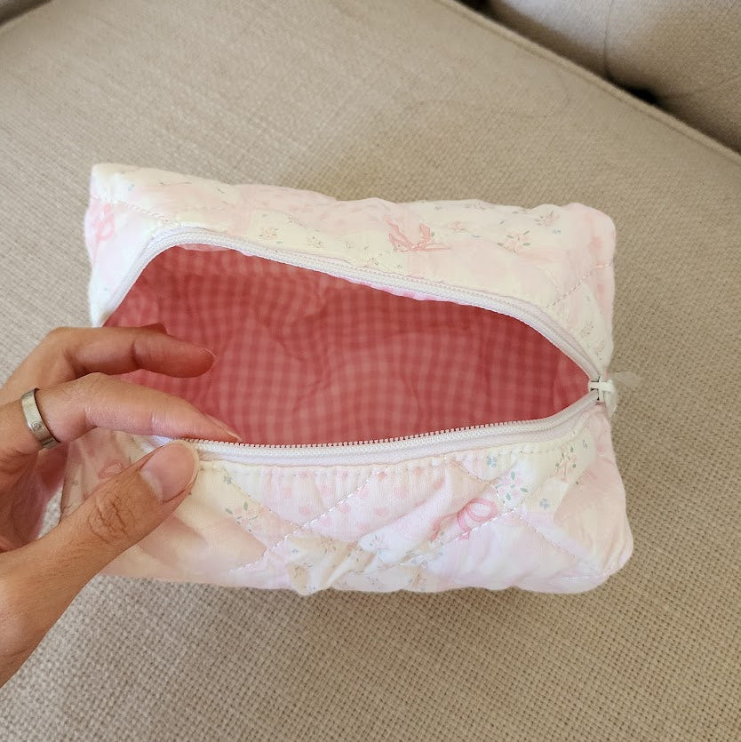 Book Lover Embroidered Quilted Cotton Makeup Bag | Bookish Pouch for Readers - The Bean Workshop - book girlie, bookish gift, bookish pouch, bow, coquette, coquette gift, embroidered makeup bag, gift for book lovers, kindle bag, makeup bag, quilted makeup bag, quilted pouch, read everyday, reading accessories, reading accessories bag