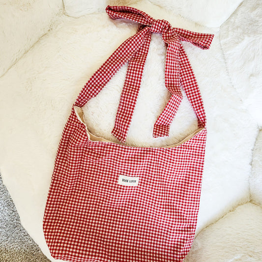 Book Lover Gingham Cotton Tote Bag with Adjustable Strap - The Bean Workshop - adjustable strap tote, book club, book lover, book lovers, bookaholic, bookish, bookish friends, Booklice, Books and girls, bookstore, bookstore date, booktrovert, fantasy readers book club, gift for book lovers, gingham tote, tote, tote bag