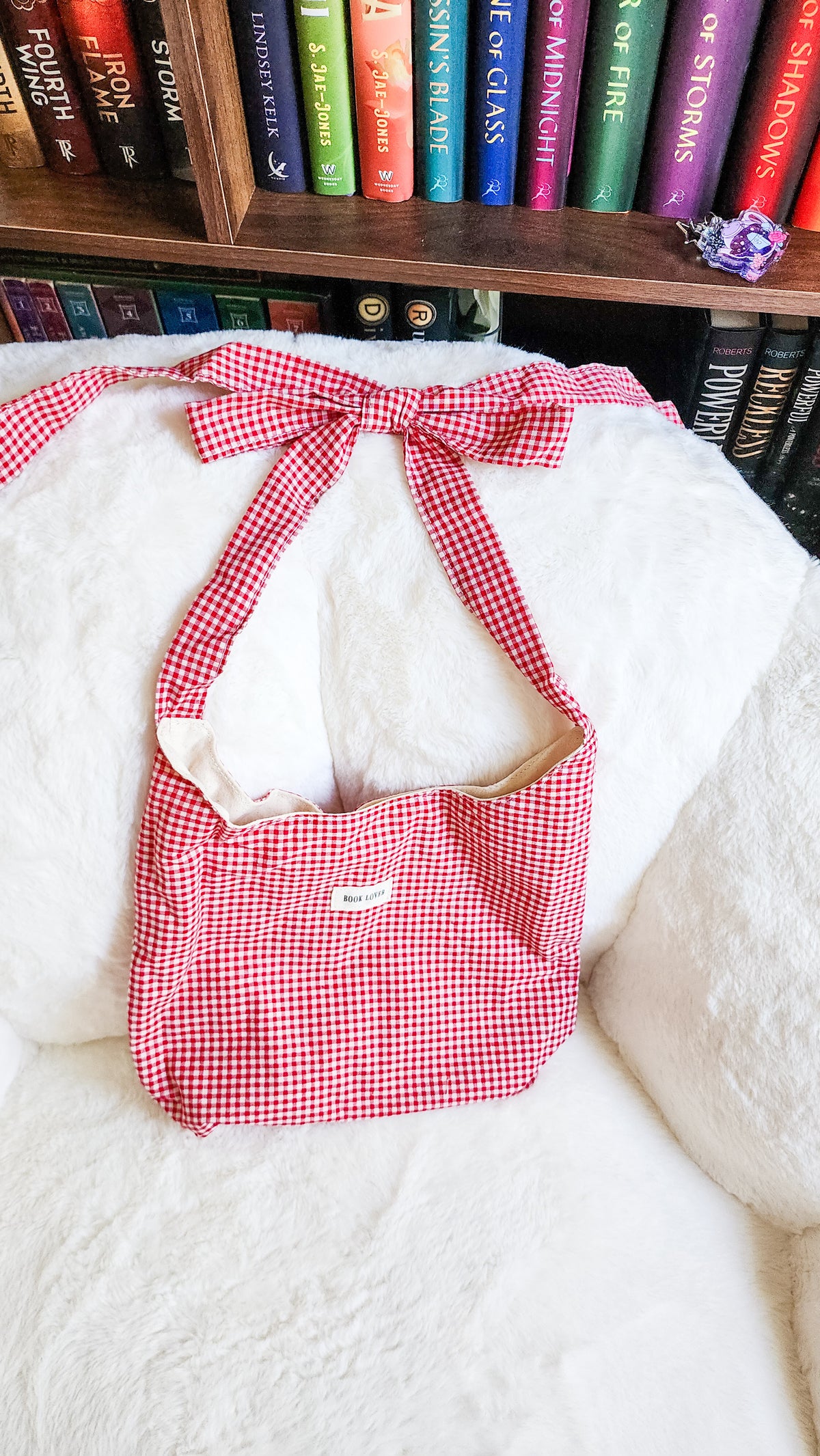 Book Lover Gingham Cotton Tote Bag with Adjustable Strap - The Bean Workshop - adjustable strap tote, book club, book lover, book lovers, bookaholic, bookish, bookish friends, Booklice, Books and girls, bookstore, bookstore date, booktrovert, fantasy readers book club, gift for book lovers, gingham tote, tote, tote bag