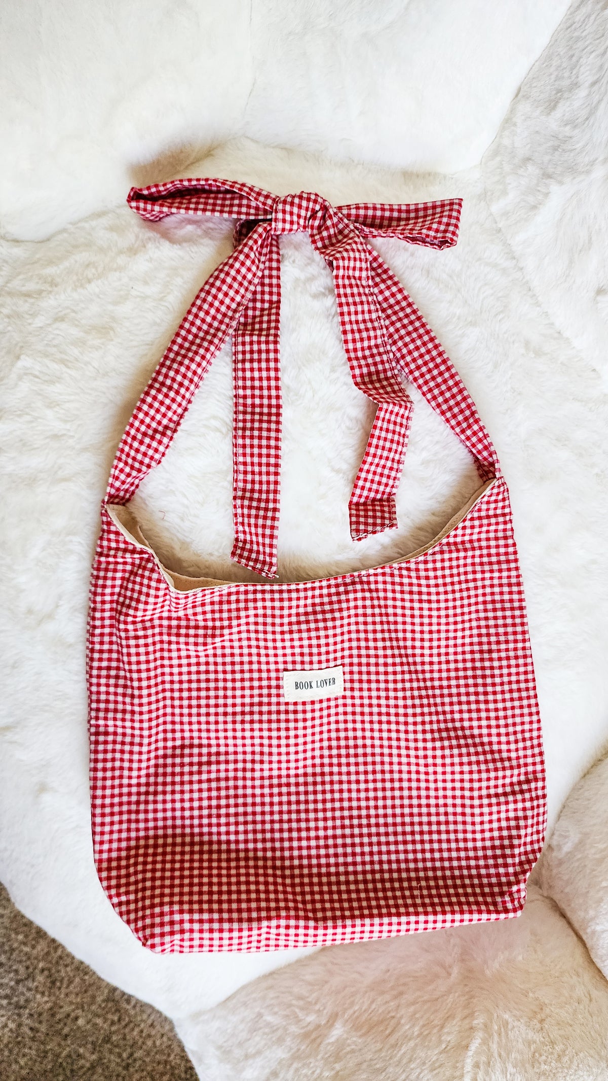 Book Lover Gingham Cotton Tote Bag with Adjustable Strap - The Bean Workshop - adjustable strap tote, book club, book lover, book lovers, bookaholic, bookish, bookish friends, Booklice, Books and girls, bookstore, bookstore date, booktrovert, fantasy readers book club, gift for book lovers, gingham tote, tote, tote bag