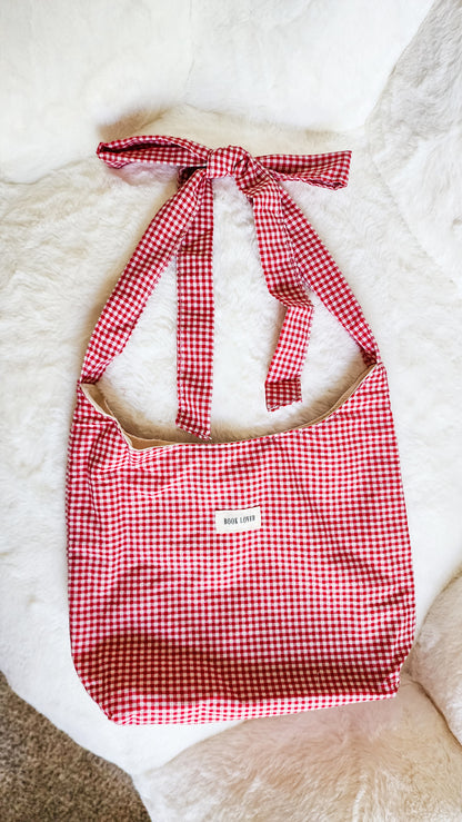 Book Lover Gingham Cotton Tote Bag with Adjustable Strap - The Bean Workshop - adjustable strap tote, book club, book lover, book lovers, bookaholic, bookish, bookish friends, Booklice, Books and girls, bookstore, bookstore date, booktrovert, fantasy readers book club, gift for book lovers, gingham tote, tote, tote bag