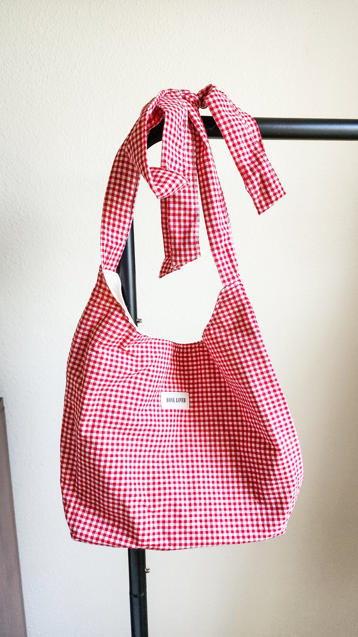 Book Lover Gingham Cotton Tote Bag with Adjustable Strap - The Bean Workshop - adjustable strap tote, book club, book lover, book lovers, bookaholic, bookish, bookish friends, Booklice, Books and girls, bookstore, bookstore date, booktrovert, fantasy readers book club, gift for book lovers, gingham tote, tote, tote bag