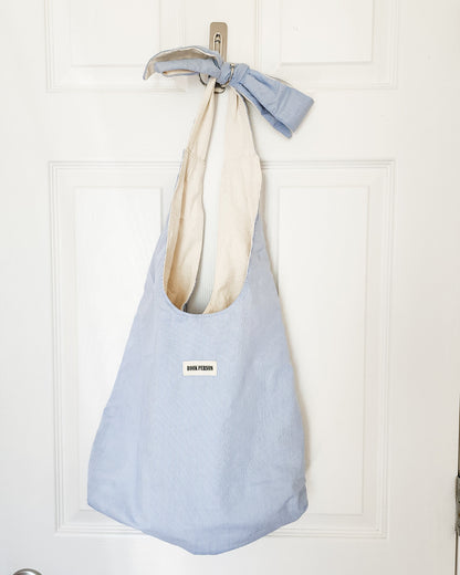 Book Person Blue Striped Extra Large Tote Bag with Bow Knot Handle - The Bean Workshop - 