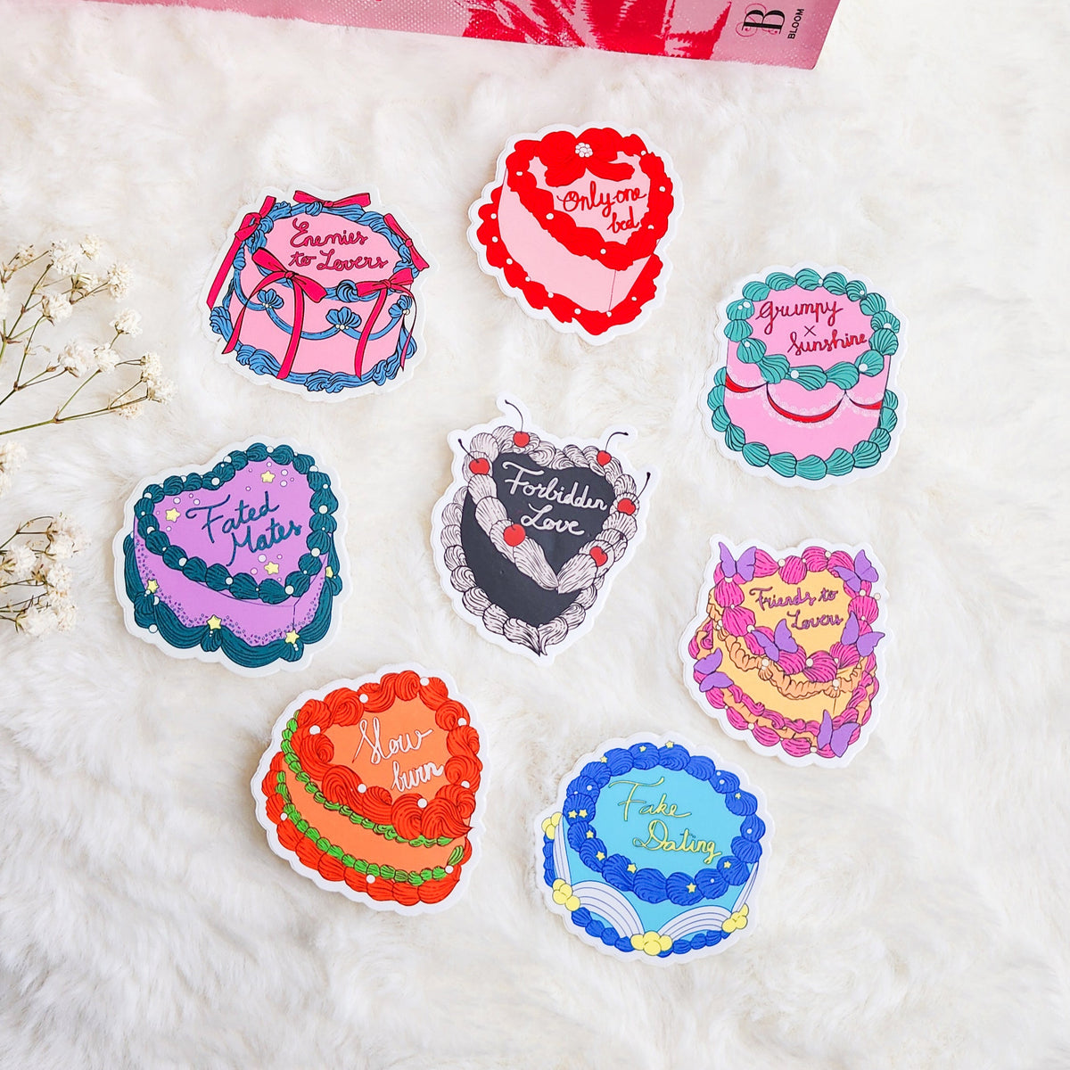 Book Trope Retro Cake Bundle of 8 Stickers - The Bean Workshop - book club gift, book lover gift, book trope sticker, Bookish Accessories, Bookish Gift, bookish sticker, die cut sticker, enemies to lovers, fake dating, fated mates, forbidden love, kindle sticker, romance reader, romance trope, sticker, sticker bundle