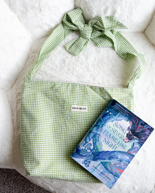Booked and Busy Book Tote Bag with Adjustable Strap Length - The Bean Workshop - adjustable strap tote, book lover, book tote, booked and busy, bookish, canvas tote, gift for book lovers, gingham tote, green tote, reversible tote, tote, tote bag