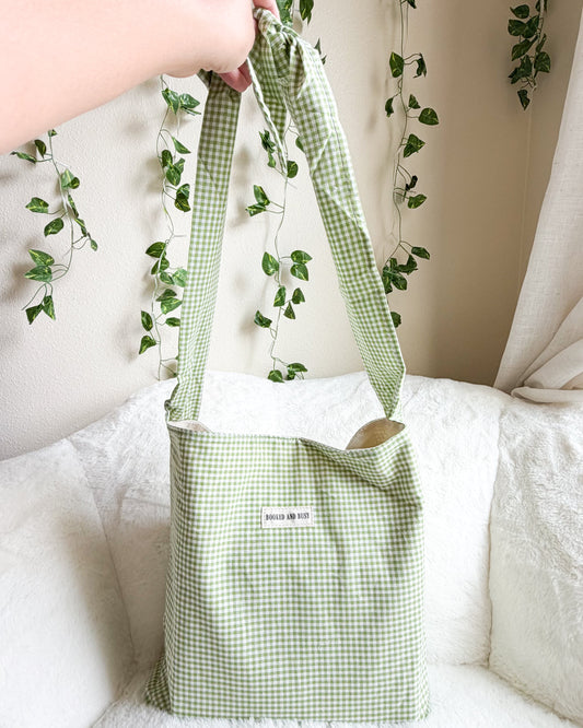 Booked and Busy Book Tote Bag with Adjustable Strap Length - The Bean Workshop - adjustable strap tote, book lover, book tote, booked and busy, bookish, canvas tote, gift for book lovers, gingham tote, green tote, reversible tote, tote, tote bag
