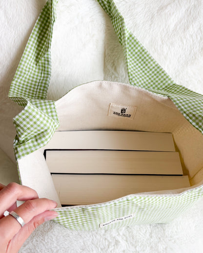 Booked and Busy Book Tote Bag with Adjustable Strap Length - The Bean Workshop - adjustable strap tote, book lover, book tote, booked and busy, bookish, canvas tote, gift for book lovers, gingham tote, green tote, reversible tote, tote, tote bag