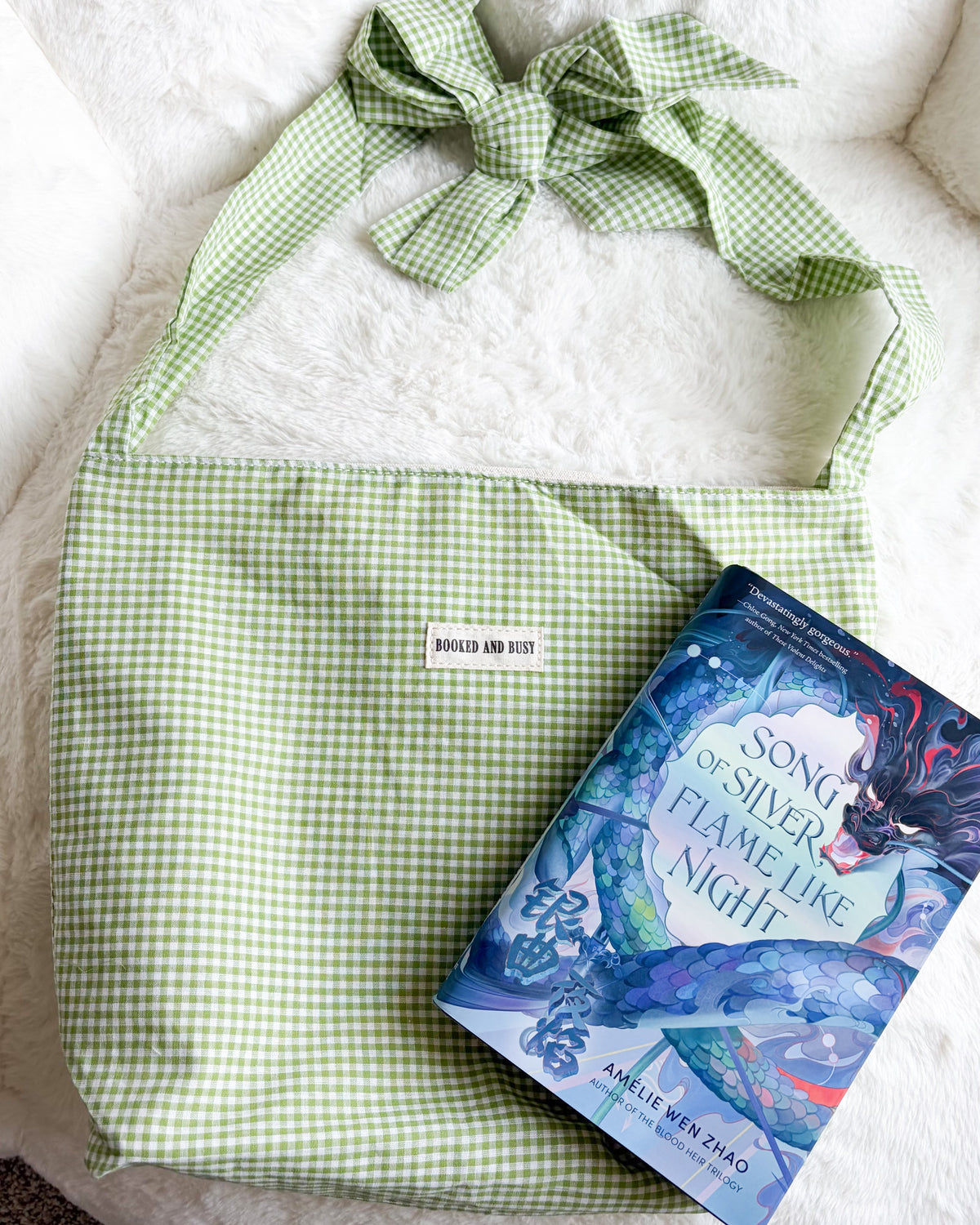 Booked and Busy Book Tote Bag with Adjustable Strap Length - The Bean Workshop - adjustable strap tote, book lover, book tote, booked and busy, bookish, canvas tote, gift for book lovers, gingham tote, green tote, reversible tote, tote, tote bag