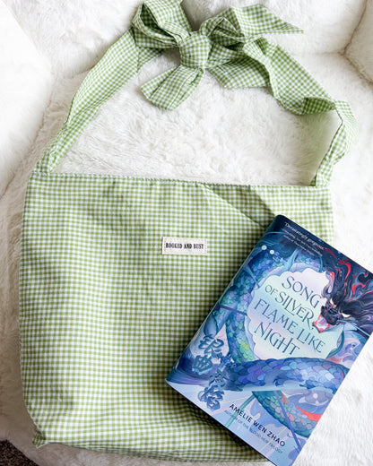 Booked and Busy Book Tote Bag with Adjustable Strap Length - The Bean Workshop - adjustable strap tote, book lover, book tote, booked and busy, bookish, canvas tote, gift for book lovers, gingham tote, green tote, reversible tote, tote, tote bag