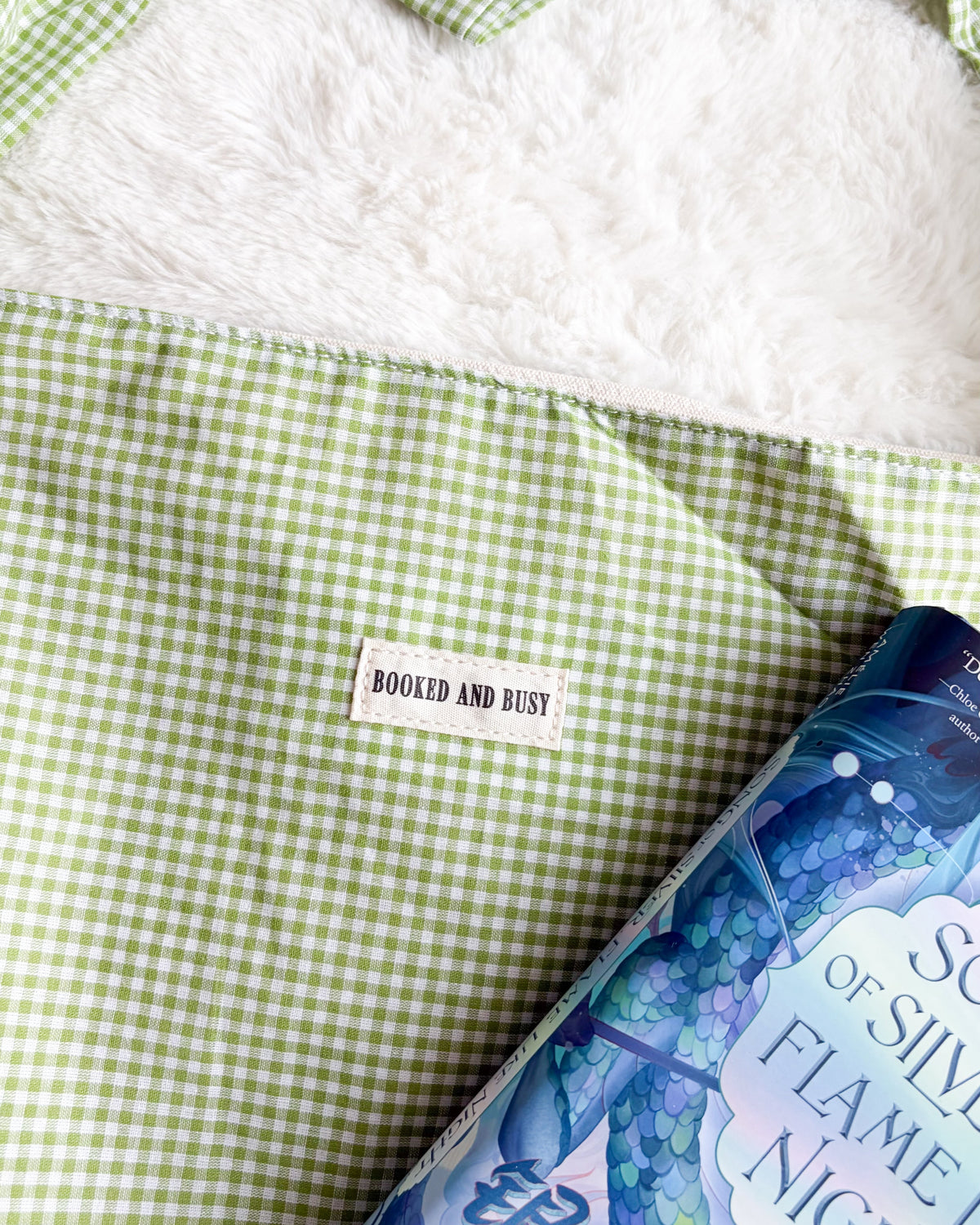 Booked and Busy Book Tote Bag with Adjustable Strap Length - The Bean Workshop - adjustable strap tote, book lover, book tote, booked and busy, bookish, canvas tote, gift for book lovers, gingham tote, green tote, reversible tote, tote, tote bag