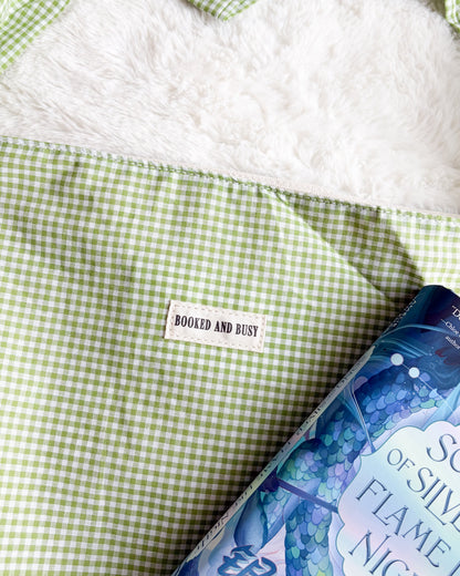 Booked and Busy Book Tote Bag with Adjustable Strap Length - The Bean Workshop - adjustable strap tote, book lover, book tote, booked and busy, bookish, canvas tote, gift for book lovers, gingham tote, green tote, reversible tote, tote, tote bag