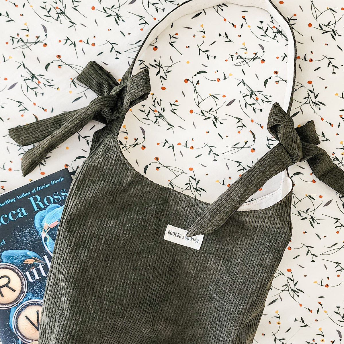 Booked and Busy Corduroy Bow Tote Bag - The Bean Workshop - book club, book lover, book lovers, bookaholic, booked and busy, bookish, bookish friends, Booklice, Books and girls, bookstore, bookstore date, booktrovert, bow tote, corduroy tote, fantasy readers book club, gift for book lovers, tote, tote bag
